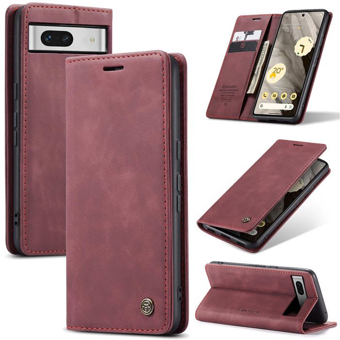 CaseMe Google Pixel 7A Wallet Magnetic Suede Leather Case Red - Click Image to Close