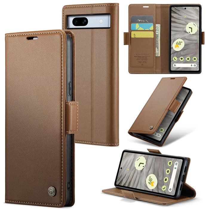 CaseMe Google Pixel 7A Wallet RFID Blocking Magnetic Buckle Case Brown - Click Image to Close