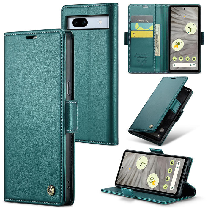 CaseMe Google Pixel 7A Wallet RFID Blocking Magnetic Buckle Case Green - Click Image to Close
