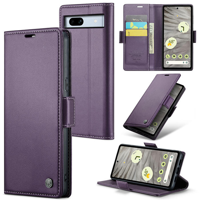 CaseMe Google Pixel 7A Wallet RFID Blocking Magnetic Buckle Case Purple - Click Image to Close