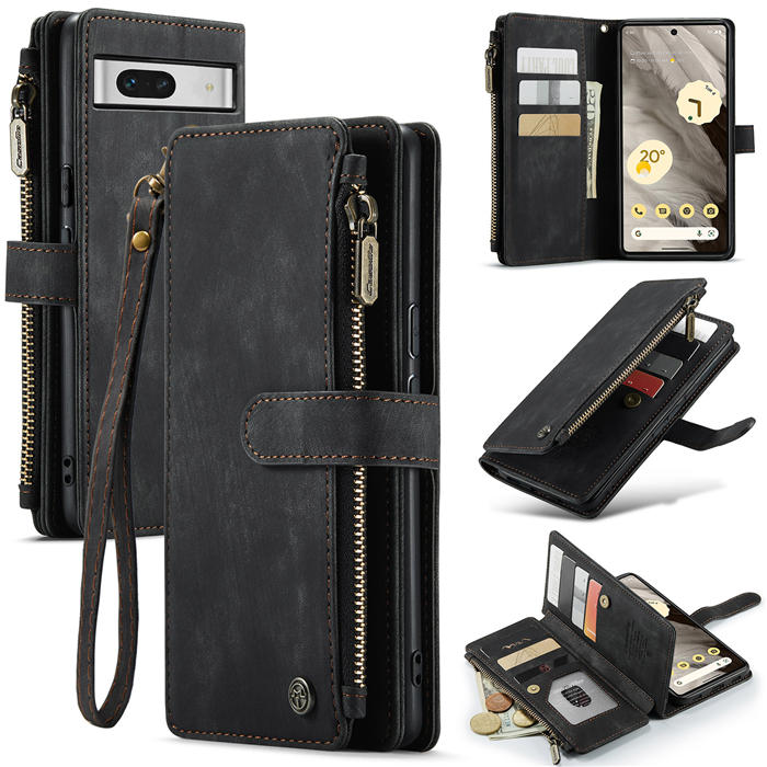 CaseMe Google Pixel 7A Zipper Wallet Case with Wrist Strap Black