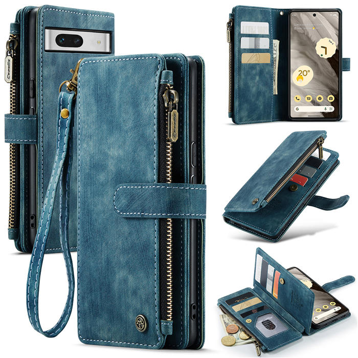 CaseMe Google Pixel 7A Zipper Wallet Case with Wrist Strap Blue - Click Image to Close
