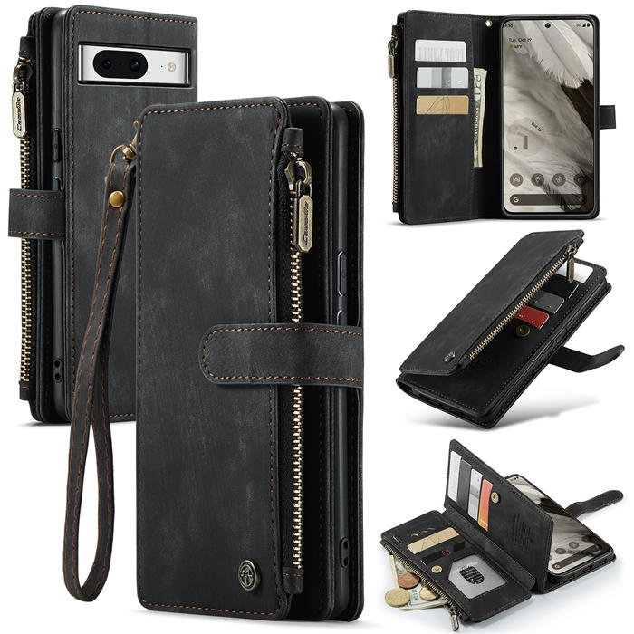 CaseMe Google Pixel 8 Zipper Wallet Case with Wrist Strap Black - Click Image to Close
