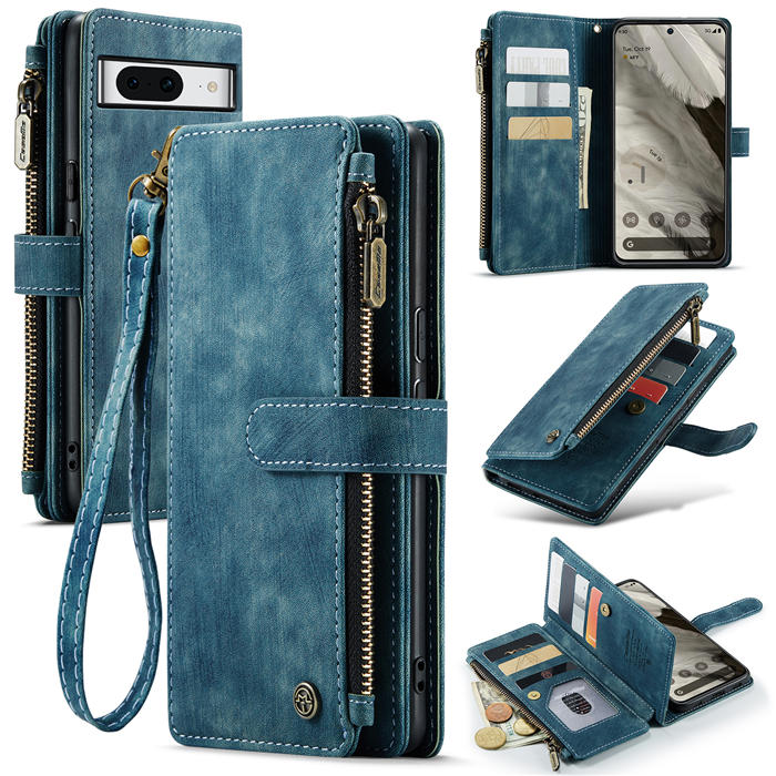 CaseMe Google Pixel 8 Zipper Wallet Case with Wrist Strap Blue - Click Image to Close