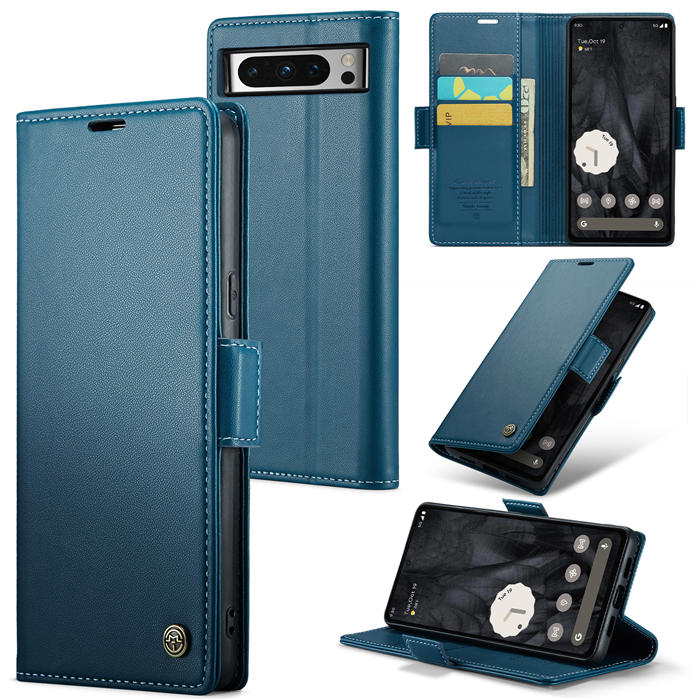 CaseMe Google Pixel 8 Pro Wallet RFID Blocking Magnetic Buckle Case Blue