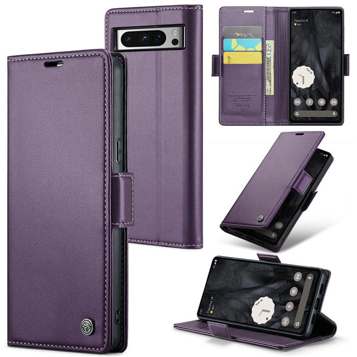CaseMe Google Pixel 8 Pro Wallet RFID Blocking Magnetic Buckle Case Purple - Click Image to Close
