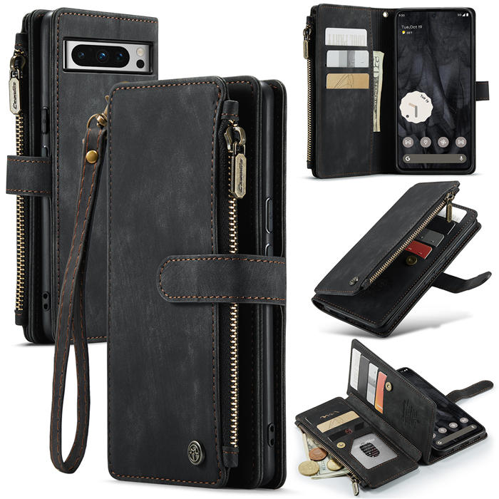 CaseMe Google Pixel 8 Pro Zipper Wallet Case with Wrist Strap Black