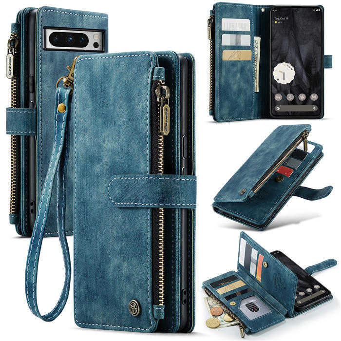 CaseMe Google Pixel 8 Pro Zipper Wallet Case with Wrist Strap Blue