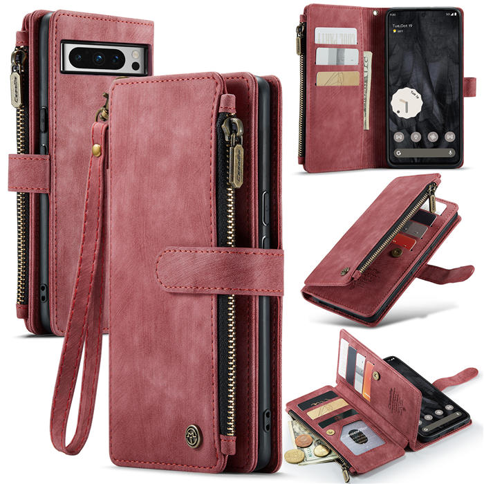 CaseMe Google Pixel 8 Pro Zipper Wallet Case with Wrist Strap Red