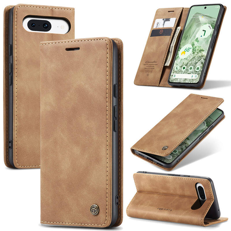 CaseMe Google Pixel 8A Wallet Magnetic Suede Leather Case Brown - Click Image to Close