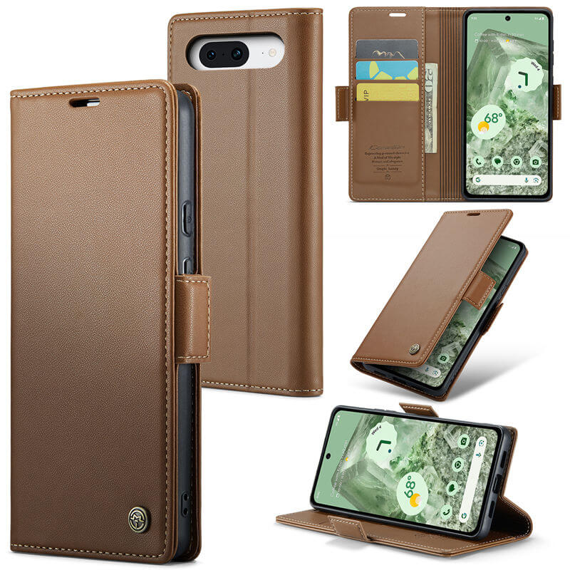 CaseMe Google Pixel 8A Wallet RFID Blocking Magnetic Buckle Case Brown - Click Image to Close