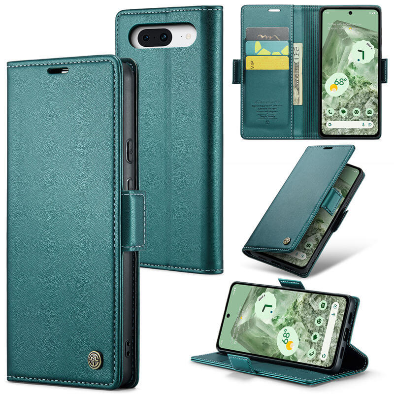 CaseMe Google Pixel 8A Wallet RFID Blocking Magnetic Buckle Case Green - Click Image to Close