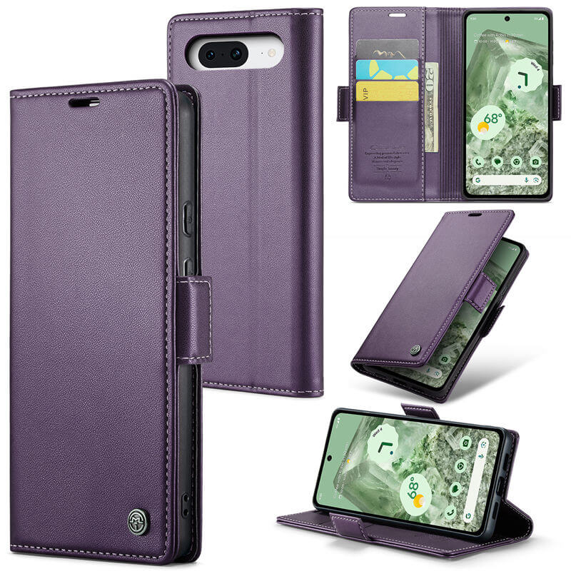 CaseMe Google Pixel 8A Wallet RFID Blocking Magnetic Buckle Case Purple - Click Image to Close