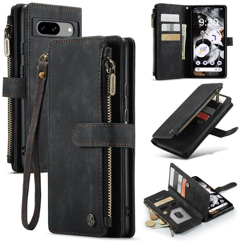 CaseMe Google Pixel 8A Zipper Wallet Case with Wrist Strap Black
