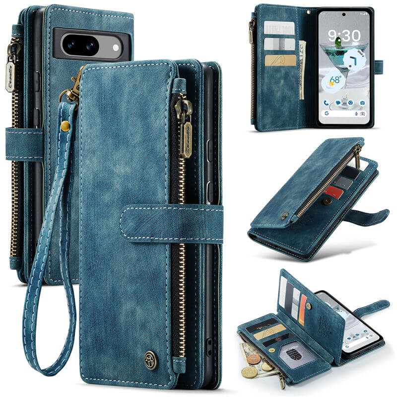 CaseMe Google Pixel 8A Zipper Wallet Case with Wrist Strap Blue