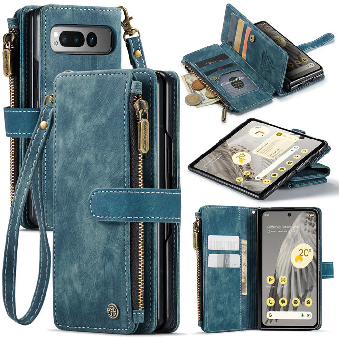 CaseMe Google Pixel Fold Zipper Wallet Case with Wrist Strap Blue
