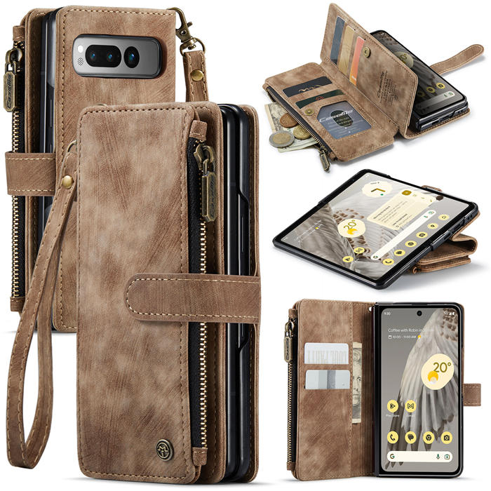 CaseMe Google Pixel Fold Zipper Wallet Case with Wrist Strap Coffee