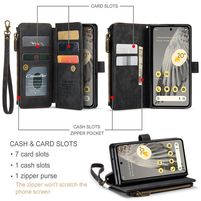 CaseMe Google Pixel Fold Wallet Kickstand Leather Case with Wrist Strap