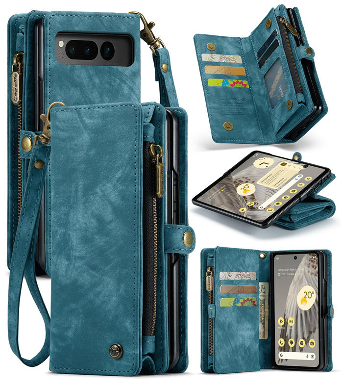 CaseMe Google Pixel Fold Wallet Magnetic Case with Wrist Strap Blue - Click Image to Close