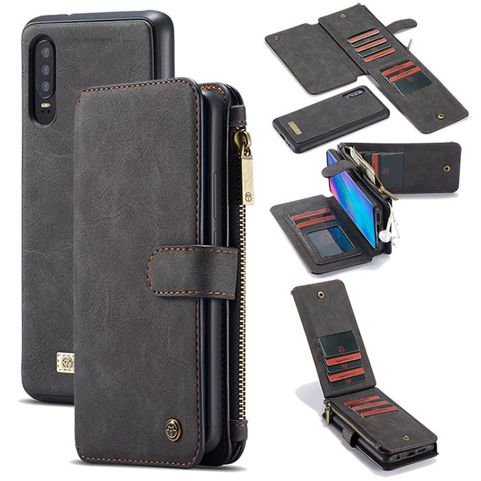 CaseMe Huawei P30 Zipper Wallet Magnetic Detachable 2 in 1 Folio Flip Case Black