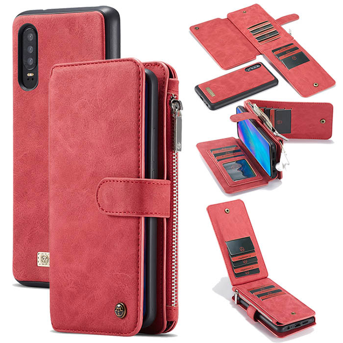 CaseMe Huawei P30 Zipper Wallet Magnetic Detachable 2 in 1 Folio Flip Case Red