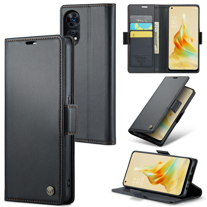 CaseMe OPPO Reno8 T 4G Wallet RFID Blocking Magnetic Buckle Case Black - Click Image to Close