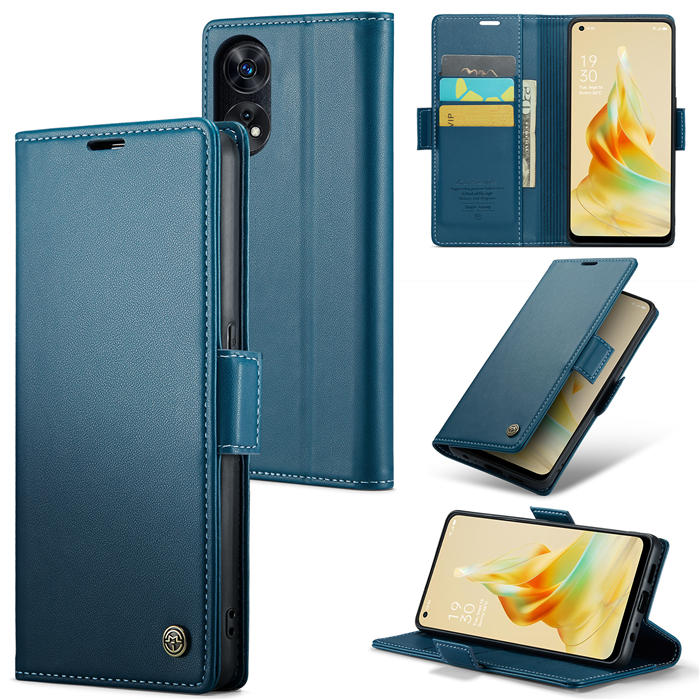 CaseMe OPPO Reno8 T 4G Wallet RFID Blocking Magnetic Buckle Case Blue - Click Image to Close