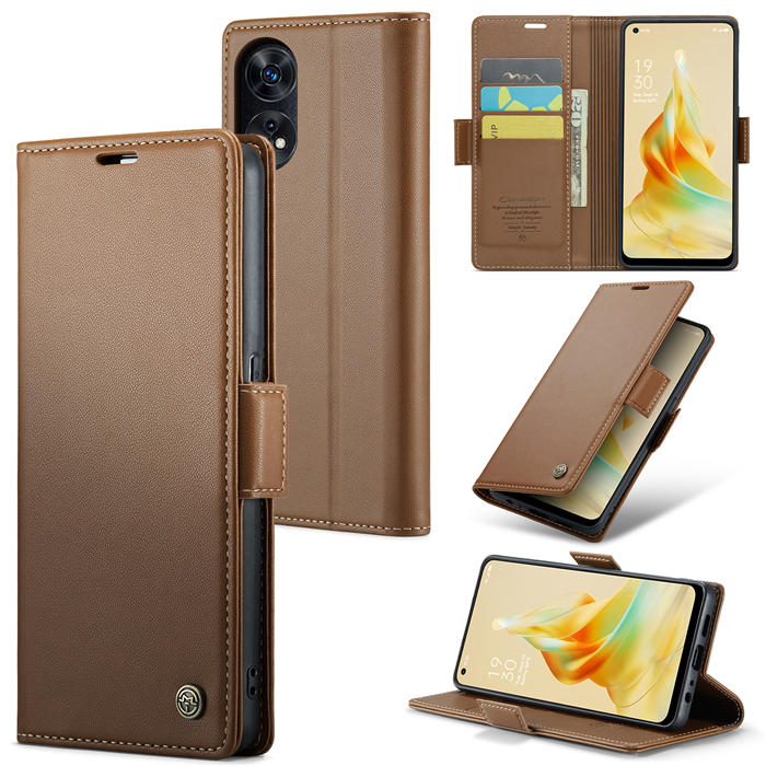 CaseMe OPPO Reno8 T 4G Wallet RFID Blocking Magnetic Buckle Case Brown - Click Image to Close
