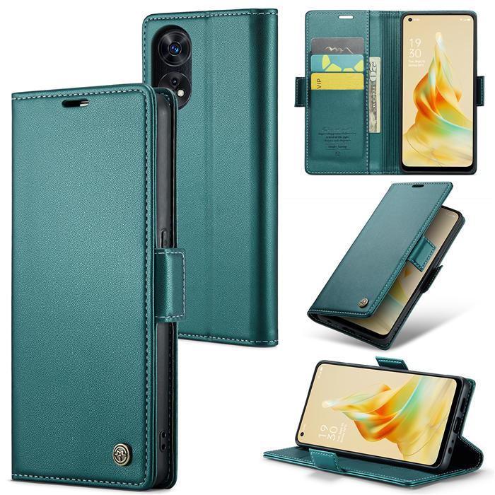 CaseMe OPPO Reno8 T 4G Wallet RFID Blocking Magnetic Buckle Case Green - Click Image to Close