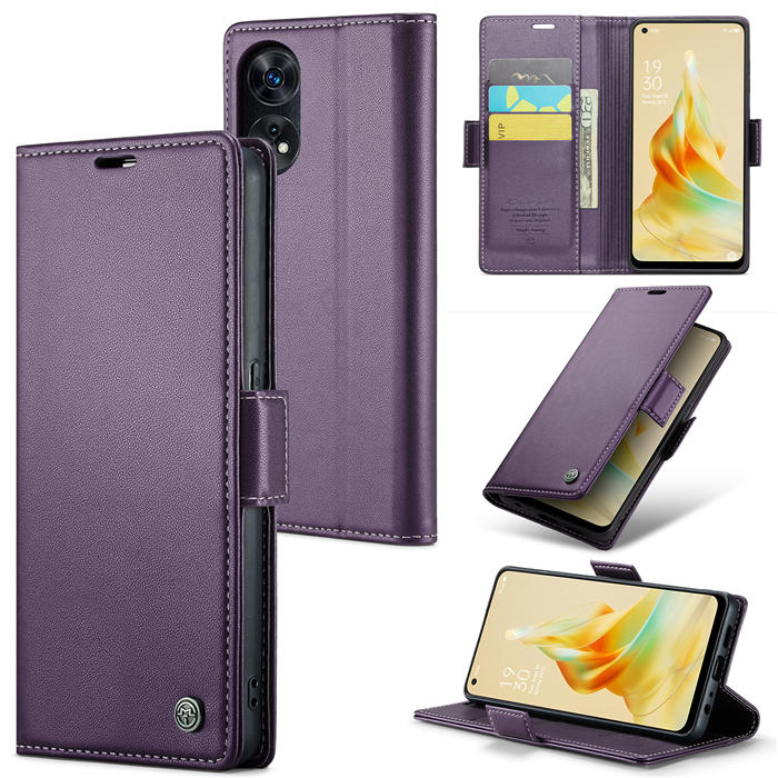 CaseMe OPPO Reno8 T 4G Wallet RFID Blocking Magnetic Buckle Case Purple - Click Image to Close