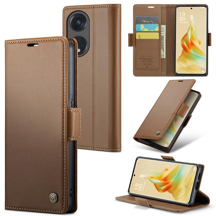 CaseMe OPPO Reno8 T 5G/OPPO A1 Pro Wallet RFID Blocking Magnetic Buckle Case Brown - Click Image to Close