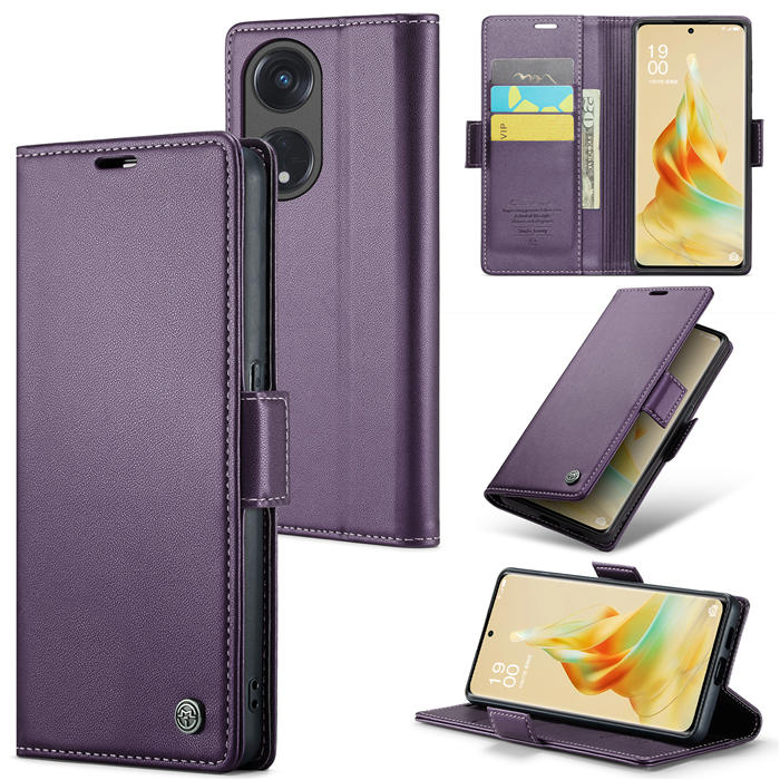 CaseMe OPPO Reno8 T 5G/OPPO A1 Pro Wallet RFID Blocking Magnetic Buckle Case Purple - Click Image to Close