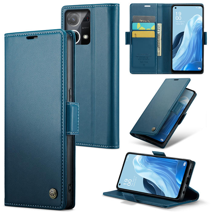 CaseMe OPPO Reno8 4G Wallet RFID Blocking Magnetic Buckle Case Blue - Click Image to Close