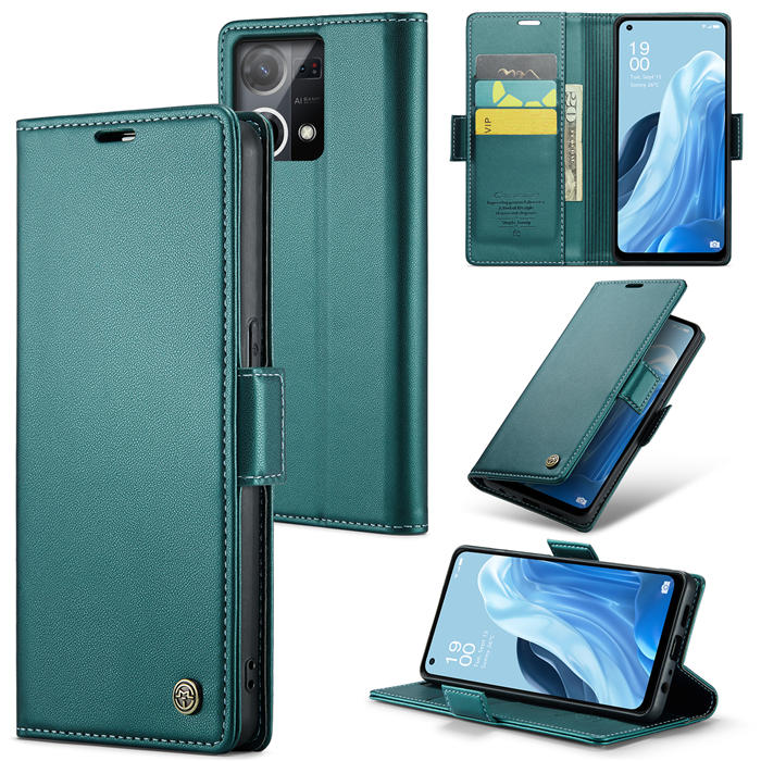 CaseMe OPPO Reno8 4G Wallet RFID Blocking Magnetic Buckle Case Green - Click Image to Close
