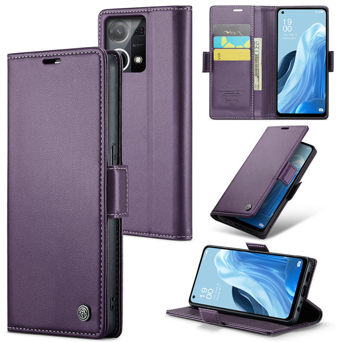 CaseMe OPPO Reno8 4G Wallet RFID Blocking Magnetic Buckle Case Purple - Click Image to Close