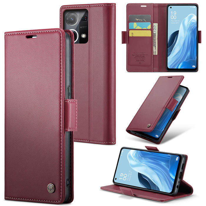 CaseMe OPPO Reno8 4G Wallet RFID Blocking Magnetic Buckle Case Red - Click Image to Close