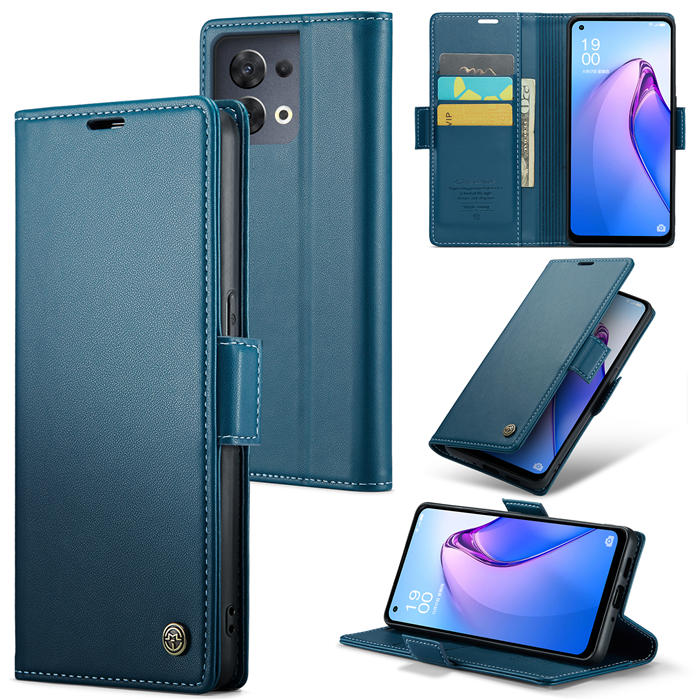 CaseMe OPPO Reno8 5G Wallet RFID Blocking Magnetic Buckle Case Blue