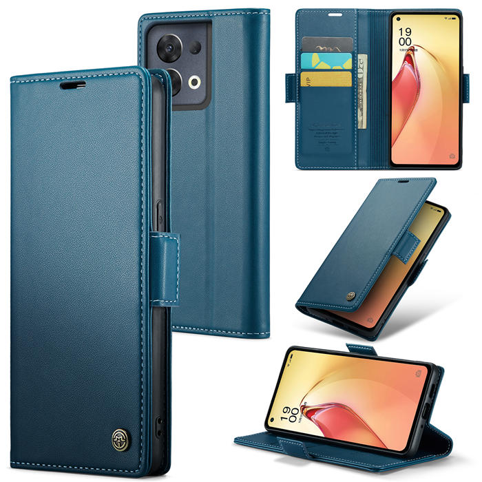 CaseMe OPPO Reno8 Pro 5G Wallet RFID Blocking Magnetic Buckle Case Blue - Click Image to Close