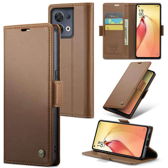 CaseMe OPPO Reno8 Pro 5G Wallet RFID Blocking Magnetic Buckle Case Brown - Click Image to Close