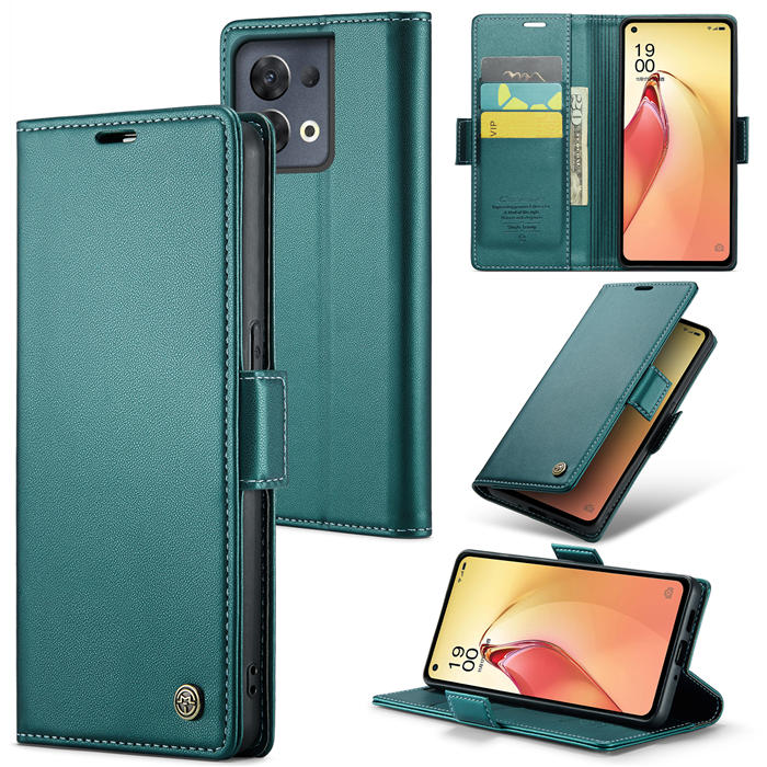 CaseMe OPPO Reno8 Pro 5G Wallet RFID Blocking Magnetic Buckle Case Green - Click Image to Close
