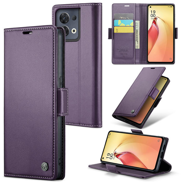 CaseMe OPPO Reno8 Pro 5G Wallet RFID Blocking Magnetic Buckle Case Purple - Click Image to Close