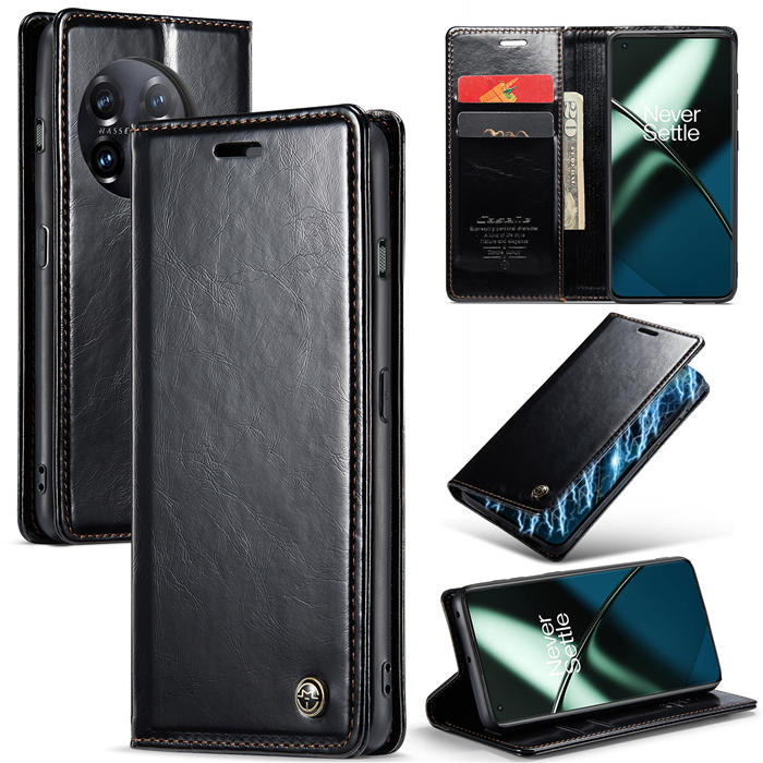 CaseMe OnePlus 11 Wallet Magnetic Luxury Leather Case Black - Click Image to Close