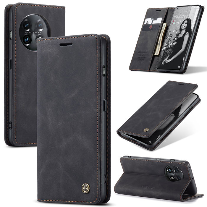 CaseMe OnePlus 11 Wallet Retro Suede Leather Case Black - Click Image to Close