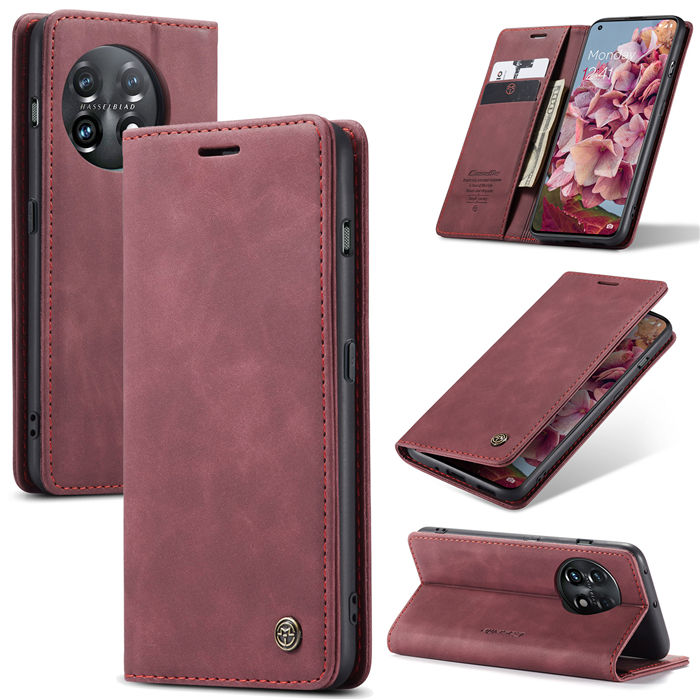 CaseMe OnePlus 11 Wallet Retro Suede Leather Case Red - Click Image to Close