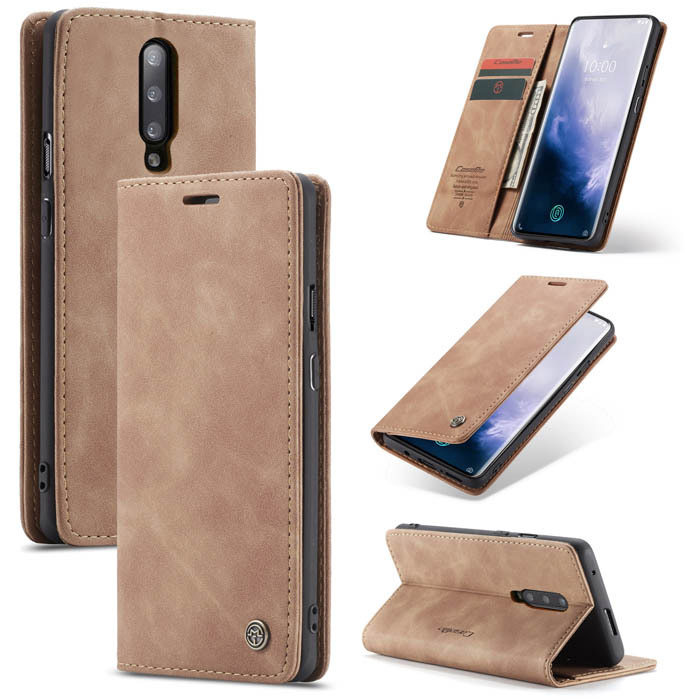 CaseMe OnePlus 7 Pro Wallet Magnetic Flip Kickstand Case Brown - Click Image to Close