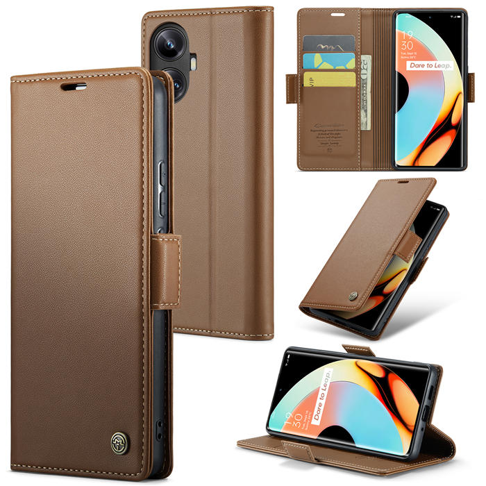 CaseMe OPPO Realme 10 Pro Plus Wallet RFID Blocking Magnetic Buckle Case Brown - Click Image to Close