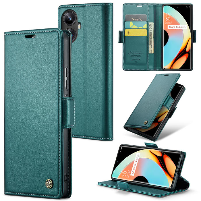 CaseMe OPPO Realme 10 Pro Plus Wallet RFID Blocking Magnetic Buckle Case Green - Click Image to Close