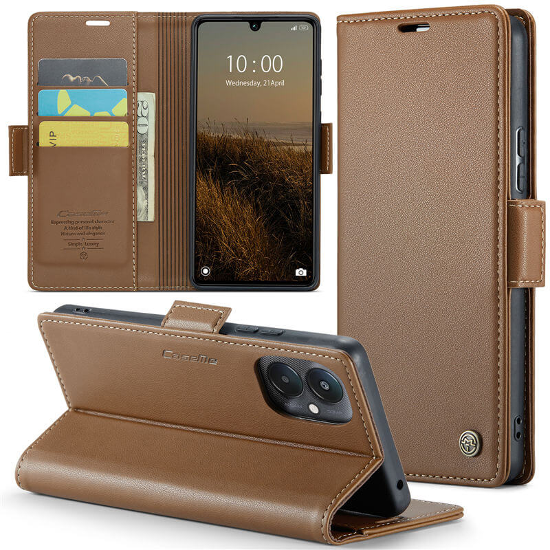 CaseMe Xiaomi Redmi 13C Wallet RFID Blocking Magnetic Buckle Case Brown - Click Image to Close