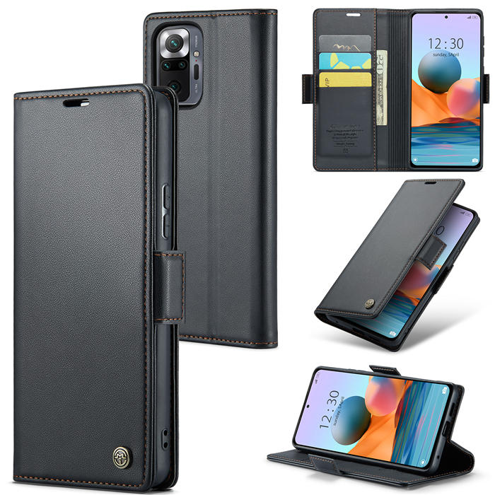CaseMe Xiaomi Redmi Note 10 Pro/Note 10 Pro Max Wallet RFID Blocking Magnetic Buckle Case Black - Click Image to Close