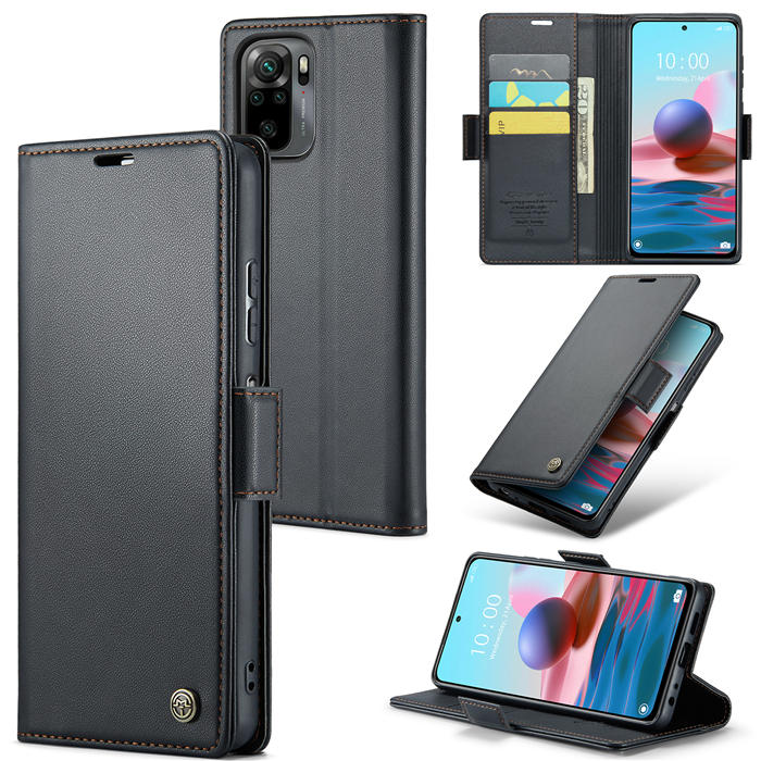 CaseMe Xiaomi Redmi Note 10 4G/Note 10S Wallet RFID Blocking Magnetic Buckle Case Black - Click Image to Close